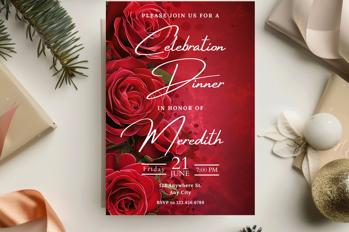 Red Rose Celebration Dinner Invite, Red Flower Party Invite, Red Rose ...