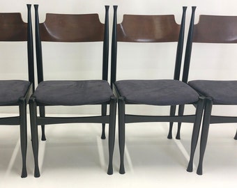 Set of 4 elegant dining chairs in the style of Paolo Buffa / Refurbished Midcentury modern dining set / New upholstery / 60s  Yugoslavia