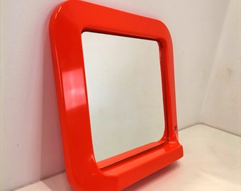 Vintage orange plastic mirror with shelf / Retro decor / Space Age design / Square-shaped mirror