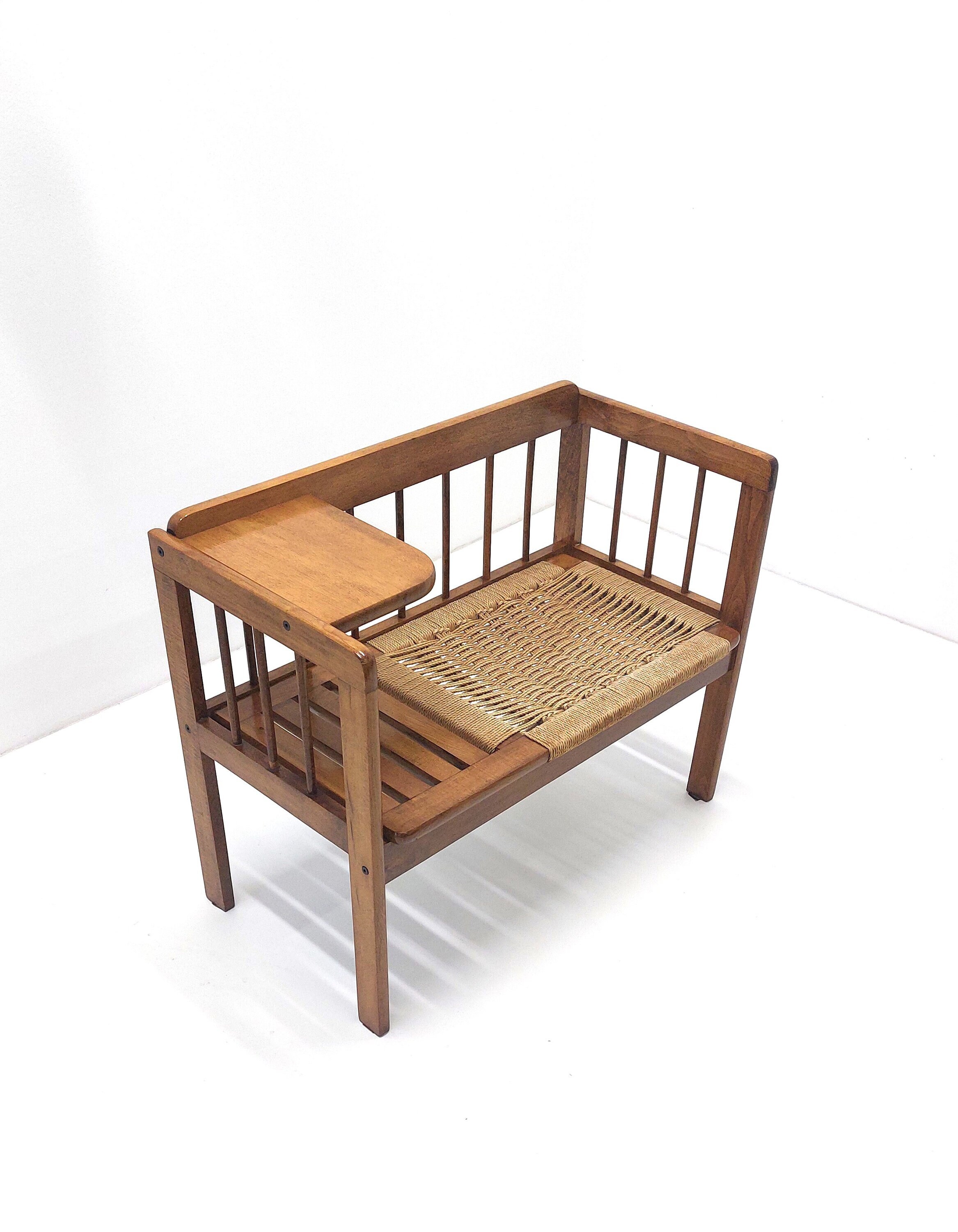 Hans Wegner style bench / Vintage woven rope telephone bench  / 1960s 1970s Mid-century modern
