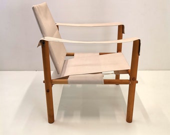 Silla Safari vintage con tela de lona restaurada / sillón de estilo escandinavo de los años 70