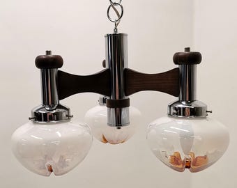 Large three arm Mazzega style Murano pendant light / Murano chandelier with chrome and wood / 60s Italy