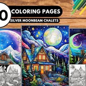 Chaming Dewllings Beautiful Houses,Moonlit Cottage Black background coloring book,Dream house coloring sheets, silver moonbeam chalets