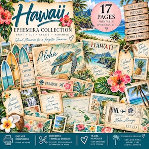 Könnte beinhalten: Eine Hawaii-Ephemera-Sammlung mit 17 Seiten bedruckbarer Elemente wie Etiketten, Postkarten, Briefmarken, Journal-Karten, Umschlägen und Rahmen. Die Sammlung zeigt tropische Motive wie Meeresschildkröten, Hibiskusblüten und Surfbretter.