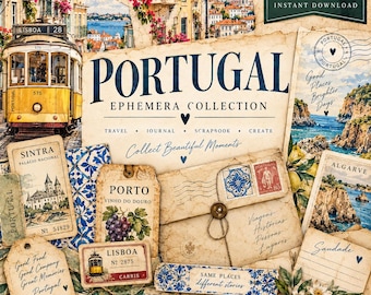 Puede incluir: Un kit de diario basura con temática de Portugal que incluye un tranvía amarillo de Lisboa, postales vintage, sobres y etiquetas con patrones de azulejos azules y blancos, motivos florales y texto como Portugal, Sintra, Porto y Algarve.