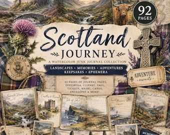 May include: A Scotland Journey watercolor junk journal collection featuring 92 pages of landscapes, castles, and Highland cattle. The set includes ephemera, tickets, tags, and cards with text like Scotland Journey, Adventure Awaits, and 11 x 8.5 inches.