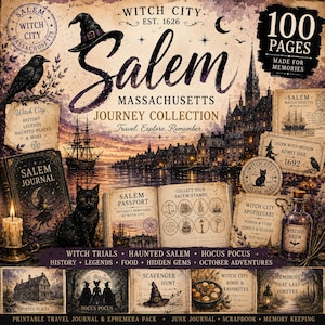 Puede incluir: Un diario de viaje imprimible y paquete de efímeras de la colección Salem Massachusetts Journey de 100 páginas. El diseño incluye un gato negro, un sombrero de bruja, un barco de vela, una vela, una botella de poción y texto sobre historia y leyendas.