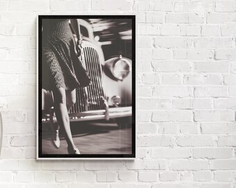 Vintage Woman and  Car Photo Poster, Retro Black and White Art, Vintage Wall Art, Funny Art, Woman Legs With Car, DOWNLOAD, PRINTABLE Art