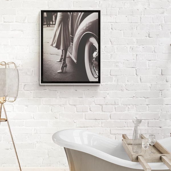 Vintage Woman and  Car Photo Poster, Retro Black and White Art, Vintage Wall Art, Funny Art, Woman Legs With Car, DOWNLOAD, PRINTABLE Art