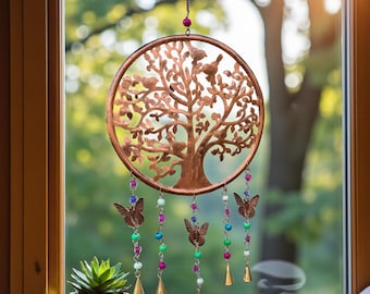 Tree of Life Metal Wind Chime, Copper Patina Butterfly Garden Decor