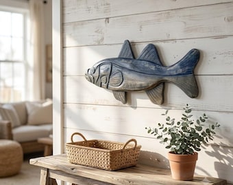 Hand-Carved King Mackerel Wall Sculpture, Blue-Grey Coastal Decor