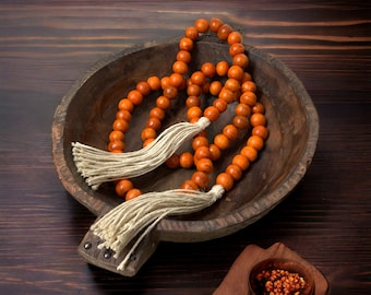 Boho Wood Bead Garland with Jute Tassels, Pumpkin Orange