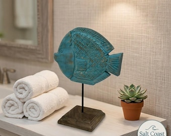 Carved Wood Fish Sculpture on Stand, Turquoise Coastal Décor