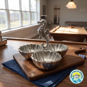 May include: A silver-toned metal serving dish featuring three scalloped, shell-shaped bowls arranged around a central upright seahorse figurine. The piece has a textured, metallic finish and is designed for holding small items or food servings.