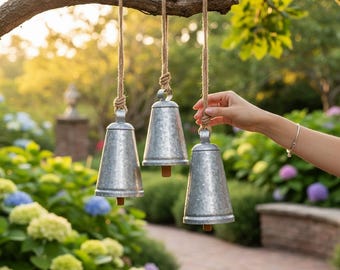Set of 3 Galvanized Temple Bells, Graduated Hanging Garden Decor