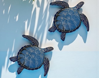 Hand-Carved Mango Wood Sea Turtle Wall Art - Caribbean Blue