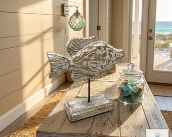 Carved Wood Fish Sculpture on Stand, White-Wash Coastal Décor