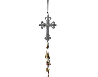 White Washed Fleur-de-Lis Cross Bell Chime, Brass Cone Bells