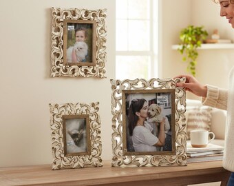 Whitewashed Barcelona Mango Wood Photo Frame - Hand Carved