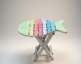 Mango Wood Folding Fish Shaped Table Distressed Multi-Color Finish Unique Coastal Accent Side Table  Foldable Design 19 x 14 x 19h Inches