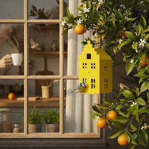 May include: A bright yellow birdhouse shaped like a house, hanging from a tree branch with oranges and white blossoms. A small blue and yellow bird perches on the birdhouse. The scene is framed by a window with a person holding a white mug.