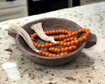 Boho Wood Bead Garland with Jute Tassels, Pumpkin Orange