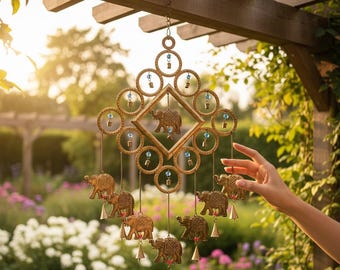 Burnt Gold Elephant Caravan Diamond Wind Chime, Boho Indian Decor