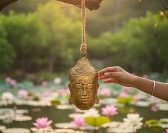 Upcycled Metal Hand-Etched Buddha Bell – Burnished Gold Garden Decor
