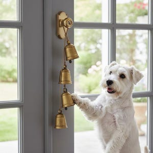 May include: A set of four brass-colored metal bells hanging from a rope attached to a brass-colored door knob plate. The bells are arranged vertically in a column. A white dog is standing on its hind legs with one paw touching the lowest bell.