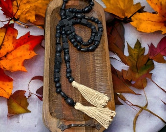 Boho Black Mango Wood Bead Garland with Jute Tassels