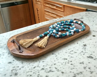Boho Wood Bead Garland with Jute Tassels, Blue/White/Turquoise