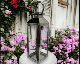 Polished Nickel Metal & Glass Candle Lantern, Drop Handle Hinged Door