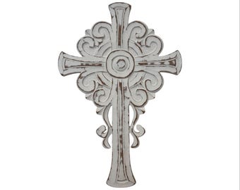 Religious wood Wall Cross handmade with floral design hand-carving white wash finish for spiritual decor 12 x 18"