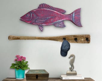 Hand-Carved Mango Wood Red Snapper Fish Wall Art, Pink Gray Coastal