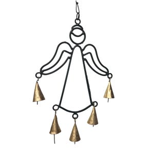 May include: A black metal wire angel ornament featuring a circular head, curved wings, and a triangular body. Four small, textured gold-colored conical bells are suspended from the wings and the base of the angel, each with a thin metal clapper.