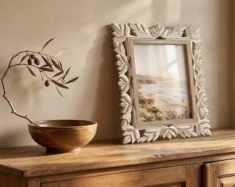 Hand Carved Mango Wood Whitewashed Photo Frame, Wall Mountable