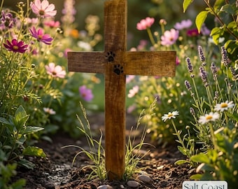 Mango Wood Cross Garden Stake: Laser-Etched Paw Prints Memorial Marker