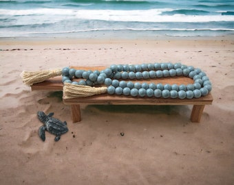 Boho Mango Wood Bead Garland with Jute Tassels, Hand-Dyed Dusty Blue