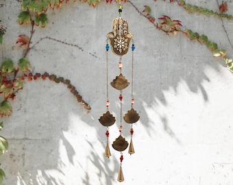 Hand-Painted Wooden Hamsa Wind Chime, Boho Henna Design, Brass Bells