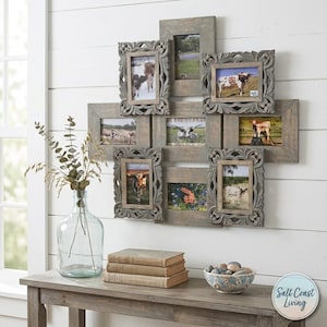 Hand-Carved 9-Opening Collage Frame, Grey Wash Coastal Decor