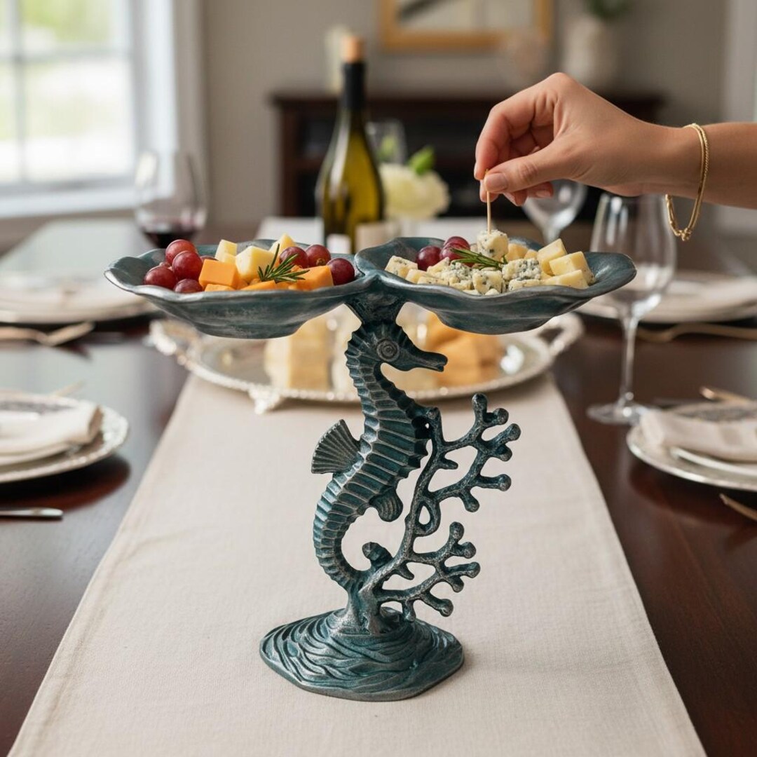 Cast Aluminum Seahorse and Coral Pedestal Centerpiece With Two ...