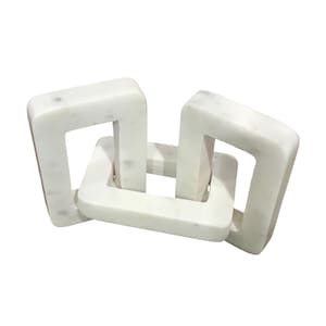 May include: White marble decorative chain link sculpture. The sculpture features three interlocking square links with rounded edges. The marble has subtle gray veining, adding texture and visual interest to the modern home decor piece.