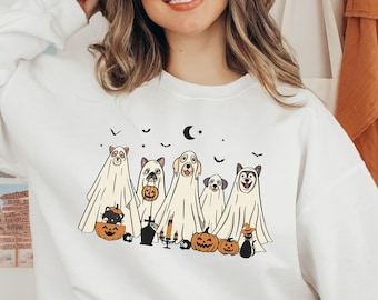 Sudadera de Halloween, sudadera de perros fantasma, perro de Halloween, cuello redondo de Halloween, camisas de otoño, suéter de calabaza, temporada espeluznante, regalo de amante de los perros