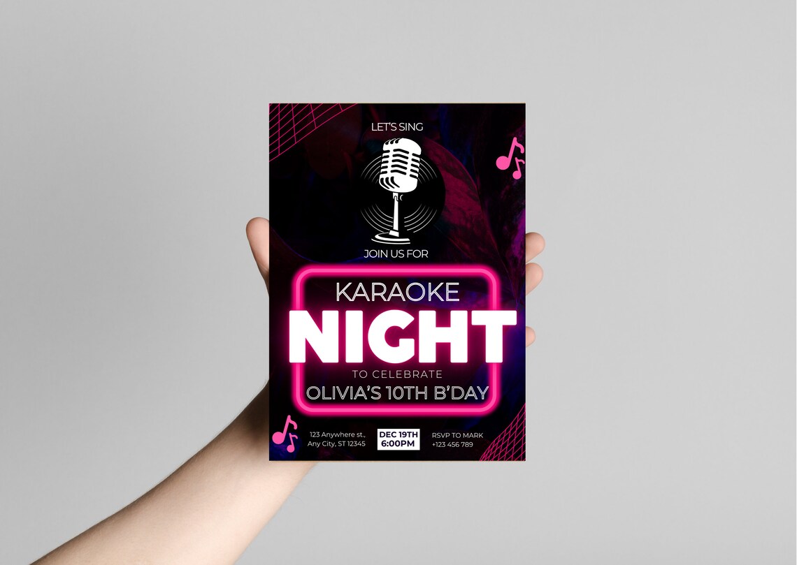 Editable Karaoke Night Party,pink Neon Karaoke Party, Singing Party