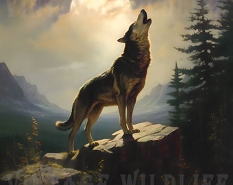 May include: A wolf howls at the moon in a dramatic, painterly style. The wolf is standing on a rock with a mountain range in the background. The moon is full and bright, and the sky is a dark blue.