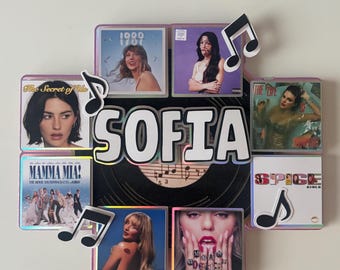Vinyl record / album themed cake topper. Bespoke, made to order, Personalised, name, age and your choice of album covers