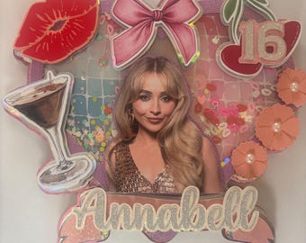 Sabrina Carpenter inspired shaker Cake Topper. Personalised Name and Age