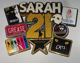 A night at the Musicals themed cake topper. Personalised, name and age