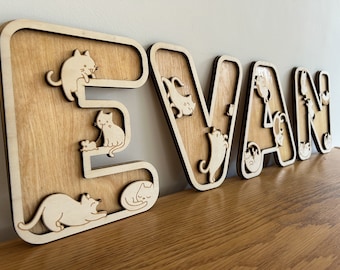 EARLY BIRD SALE - Cute Cat Letters - Wooden Name Sign - Nursery Letters - Custom Made - Wall Art