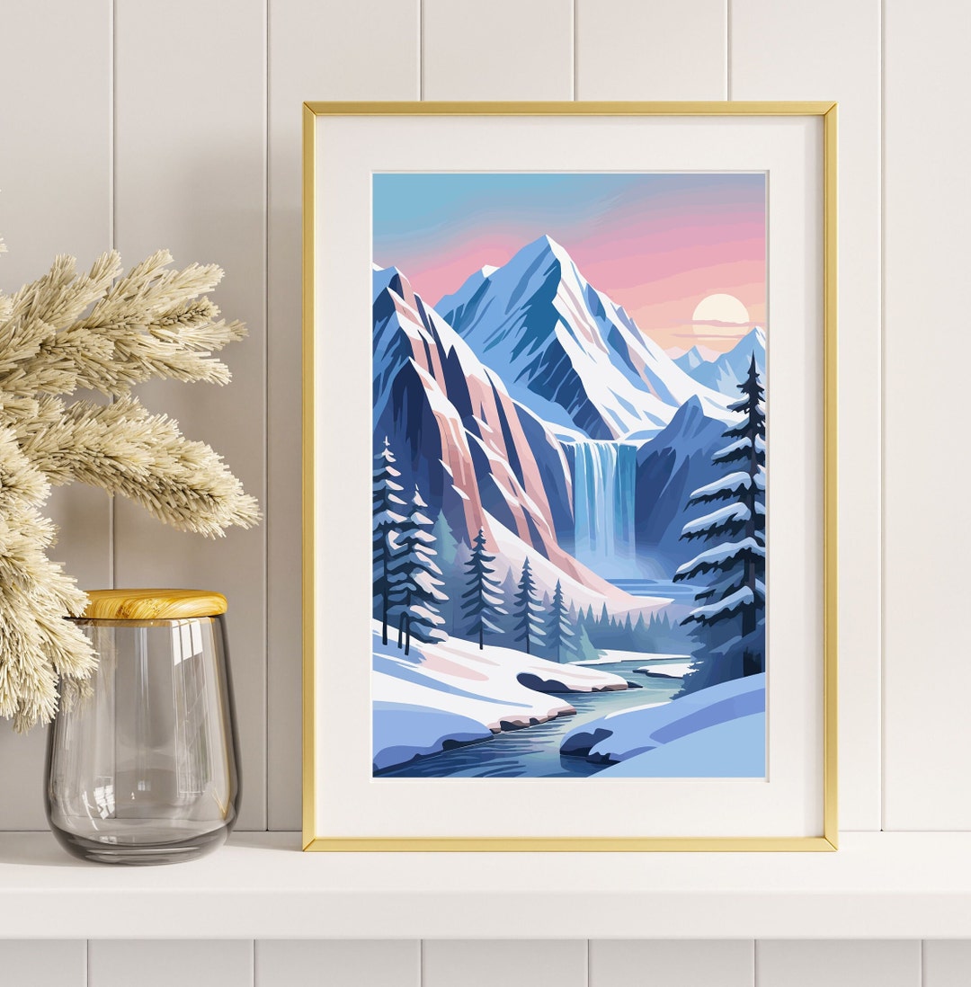 Digital Download Printable Wall Art Waterfall in Snowy Mountain ...